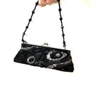 Small Beaded & Sequined Evening Clutch Purse Black and Silver Party Formal Prom